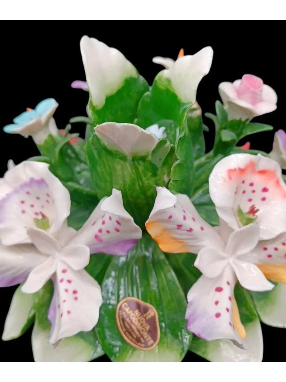 Vintage Capodimonte Orchid Bouquet Porcelain Taper Candle Holder Figurine